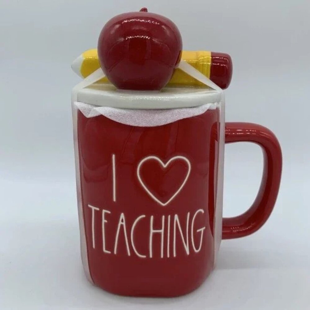 Rae Dunn I Love TEACHING Ceramic Glossy Red Mug White Letters with Apple Pe